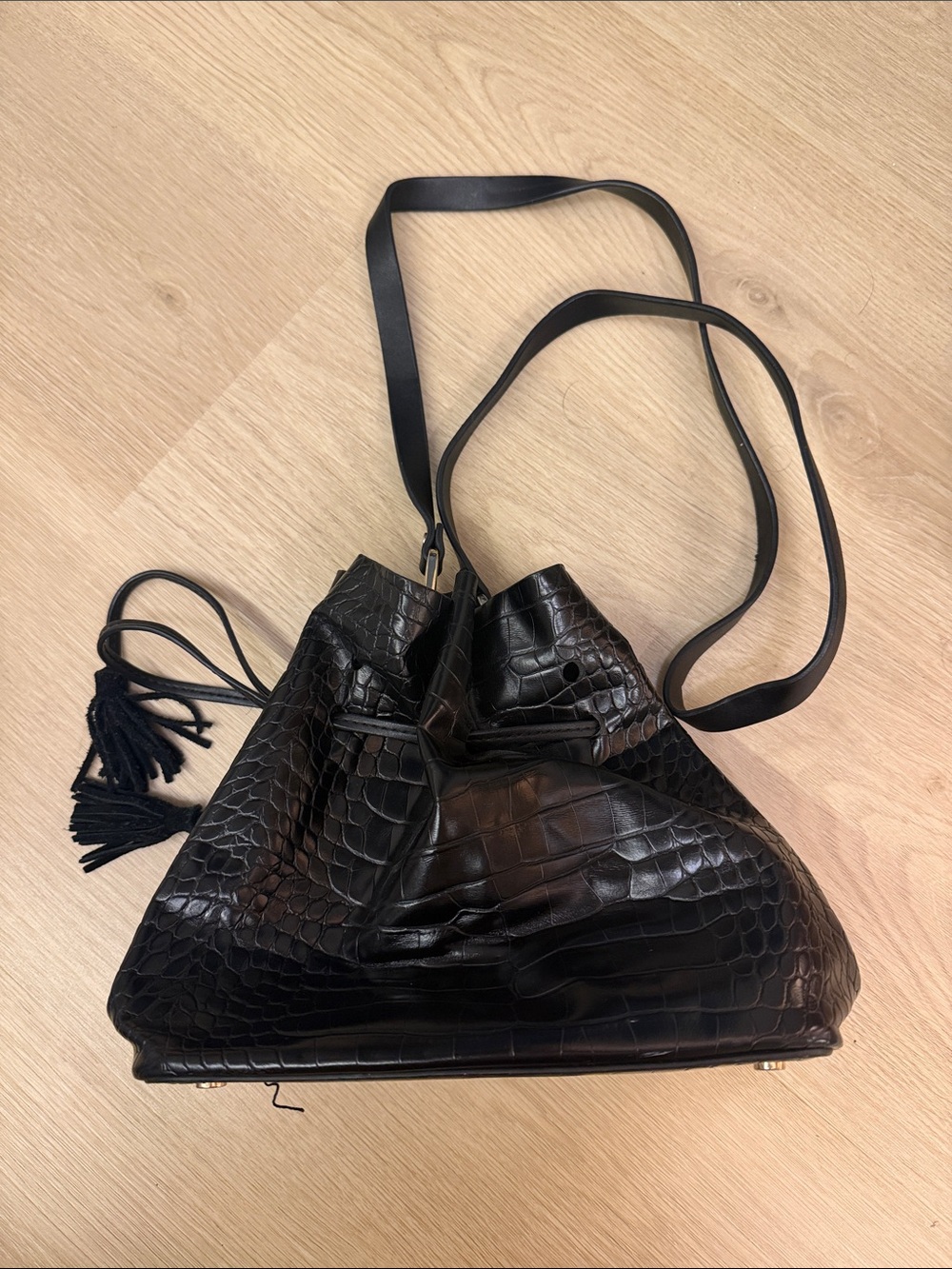 Zara Black Croc-Embossed Drawstring Shoulder Bag